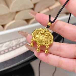 Gold Plated Hollow Fu Charm Ruyi Lock Pendant Necklace with Bells