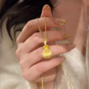 Gold Plated Textured Little Fortune Pouch Pendant Necklace