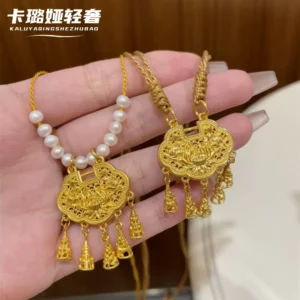 Gold Plated Lotus Pendant Necklace with Tassel for Women