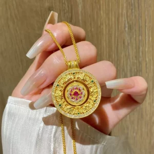 Gold Tone Lotus Compass Pendant Necklace for Women