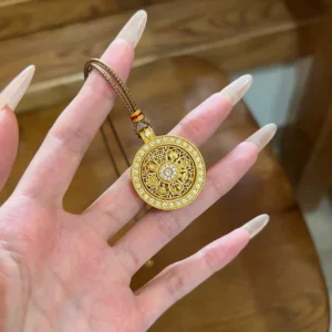 Gold-Tone Rotating Luopan Compass Pendant Necklace with Diamond Accents