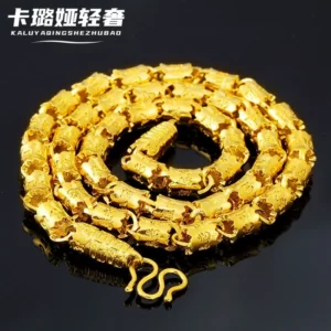 Men's Gold-Tone Dragon Motif Chain Necklace with Blessing Charm