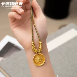 Gold Tone Wealth God Pendant Necklace for Women, Minimalist Choker Chain
