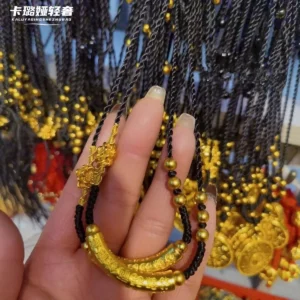 Black Woven Rope Necklace with Gold Plated Fu Charm Pendant