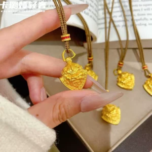 Copper Alloy Gold Tone Mythical Beast Pendant Necklace, New Chinese Style Women's Fashion Jewelry