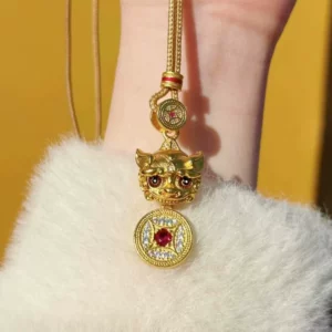 Gold Plated Copper Alloy Pixiu Pendant with Cubic Zirconia, Fortune Charm for Women