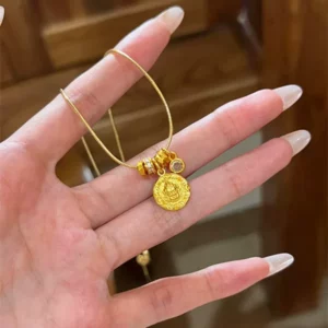 Gold-Tone Plated Fortune God Round Pendant Necklace with Rhinestones