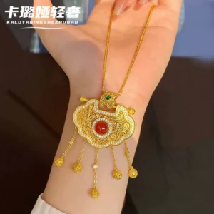 Gold Plated Dragon & Phoenix Tassel Lock Pendant Necklace, Enamel Design