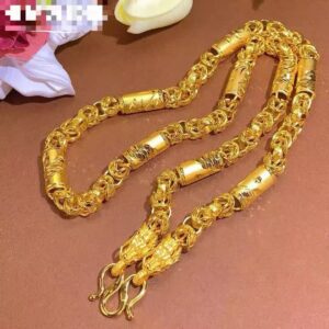 Ancient Dragon Head & Phoenix Barrel Bead Necklace, Gold Plated