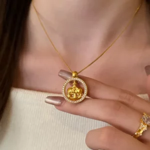 Gold Plated Luopan Compass Elephant Motif Pendant Necklace for Women