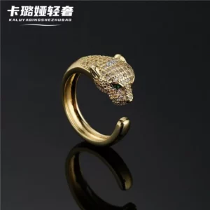 Gold-Tone Alloy Leopard Ring with Zirconia Stones, Open Adjustable Band
