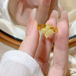 Gold-Tone Four-Petal Flower Open Adjustable Ring for Women