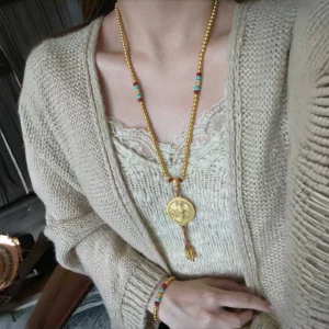 Gold Tone Phoenix Pendant Necklace with 108 Beads for Women