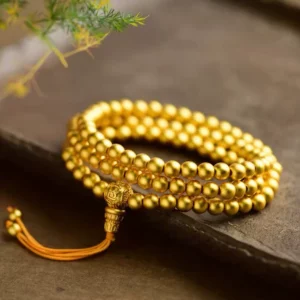 Gold-Tone 108 Bead Buddha Mala Necklace with Six-Character Mantra Charm
