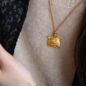Gold-Tone Engraved Tiger Pendant Necklace for Women, Fashion Layering Jewelry