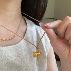 Gold Plated Hulu Gourd Pendant Necklace for Women, Chinese Engraved Charm