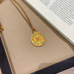 Gold-Tone Enamel Luopan Compass Pendant Necklace for Women
