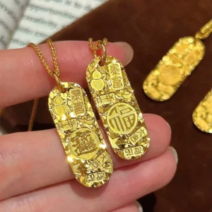 Gold Plated Ancient Style Chiseled Ice Cube Pendant Necklace for Women