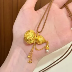 Gold Plated Hulu Gourd Pendant Necklace, Handmade Carved Charm, Women's Fashion Jewelry