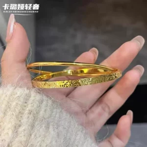 Frosted Ice Texture Double Ring Bangle Bracelet for Women, Gold Plated