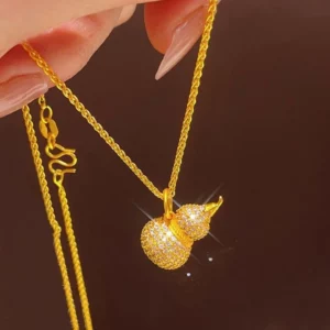 Gold-Tone Hulu Gourd Pendant Necklace for Women, Crystal-Studded Choker Chain