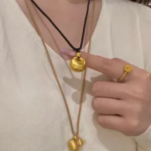Gold-Tone Plated Hulu Gourd Pendant Necklace with Crystal Accents