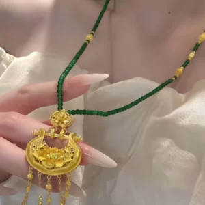Gold Plated Green Chalcedony Ruyi Tassel Pendant Necklace
