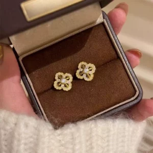 Gold-Tone Plated Vajra Scepter Stud Earrings with Rhinestones