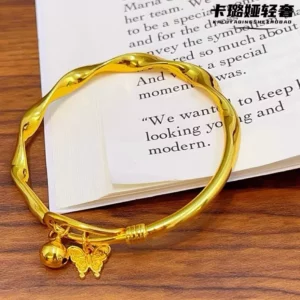 Gold Plated Open Bangle with Butterfly Bell Charms