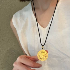 Gold Tone Luopan Compass Pendant Necklace for Women, Blessing Charm