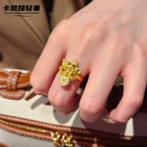 Gold Plated Open Ring with Four Leaf Clover and Pixiu Motif