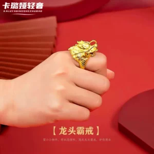 Men's Gold-Tone Dragon Ring, Adjustable Open Band, Chinese Zodiac Motif