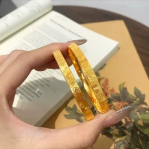 Gold Plated Plain Cuff Bracelet for Women, Blessing Engraved Design