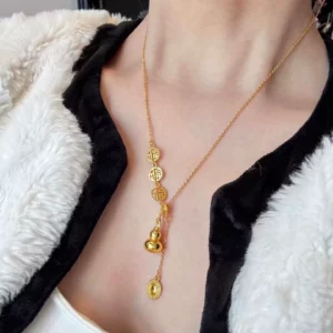 Gold-Tone Hulu Gourd Pendant Necklace with Fu Charm Tassel
