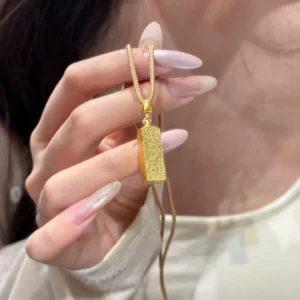 Gold-Tone Square Fortune Pendant Necklace for Women, Layered Chain