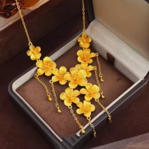 Gold Plated Floral Tassel Pendant Necklace for Women, Layered Chain