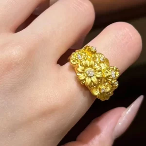 Gold Plated Floral Open Ring for Women, Fashion Adjustable Jewelry