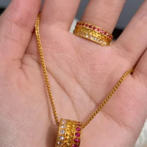 Gold-Tone Red Crystal Pendant Necklace with Chain, Simple Fashion Jewelry