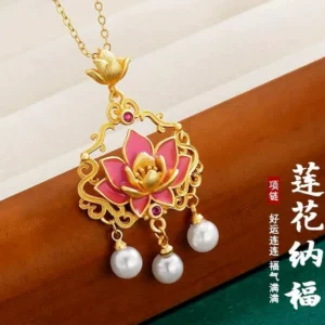 Gold Plated Lotus Moon Pendant Necklace with Lock Charm, Women's Fashion Jewelry