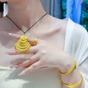 Peacock Tail Pendant Necklace and Love Knot Stretch Bracelet Set in Gold Tone