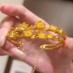 Gold Tone Open Bangle with Double Peach Blossom Branch Design