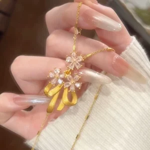 Gold Plated Floral Bow Pendant Necklace for Women, Fashion Bridal Jewelry