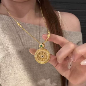 Gold-Tone Filigree Luopan Compass Pendant Necklace for Women