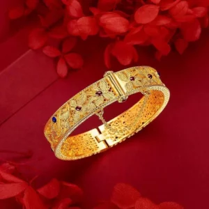 Gold Plated Copper Alloy Enamel Hollow Flower Design Slip-On Bangle Bracelet