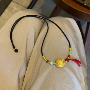 Gold-Tone Alloy Tassel Necklace with Chinese Floral Charm