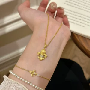 Gold-Tone Iridescent Flower Pendant Necklace for Women