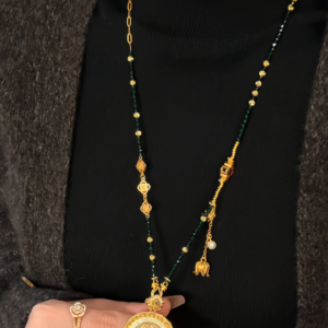 Women's Gold-Tone Chinese Style Luopan Compass Pendant Necklace with Green Chalcedony