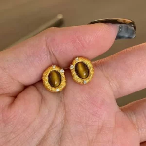 Gold Tone Earrings with Tiger Eye Stone and Crystal Accents
