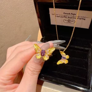 Gold-Tone Butterfly Pendant Necklace and Ring Set for Women