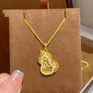 Gold Plated Hollow Gourd Pendant Necklace for Women, Chinese Style Layering Chain